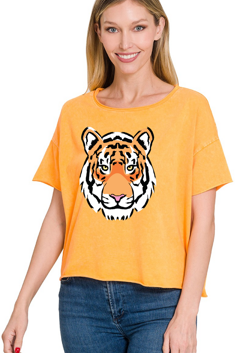 【SCENERITY】Tiger Crop Shirt Gameday Tiger Face Acid Wash Crop Top – Malyn Grace