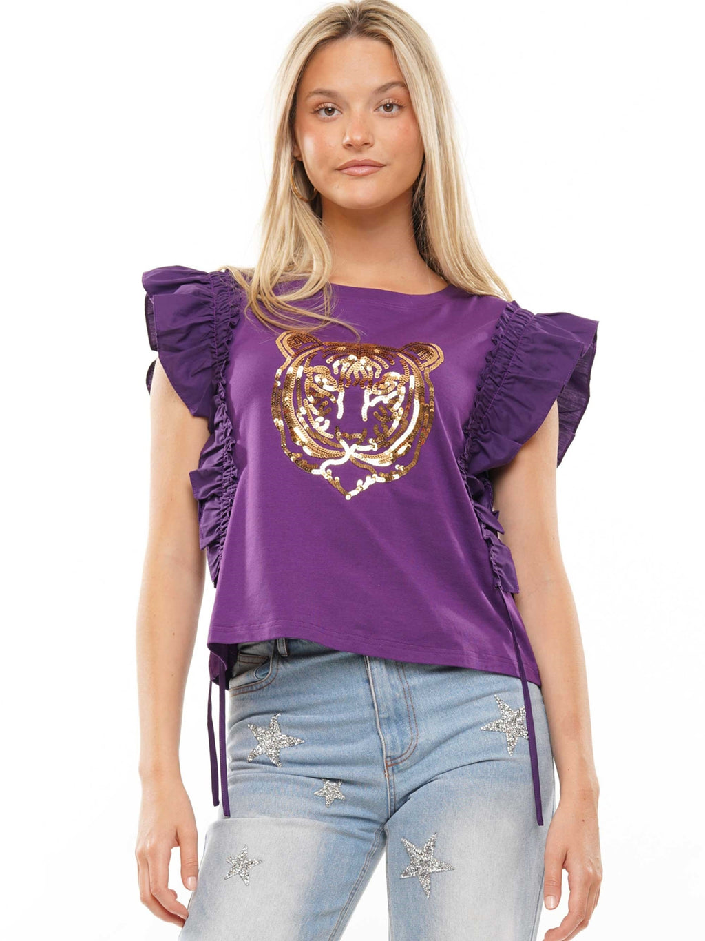 Ruffle Sleeve Sequin Tiger Top CURVY