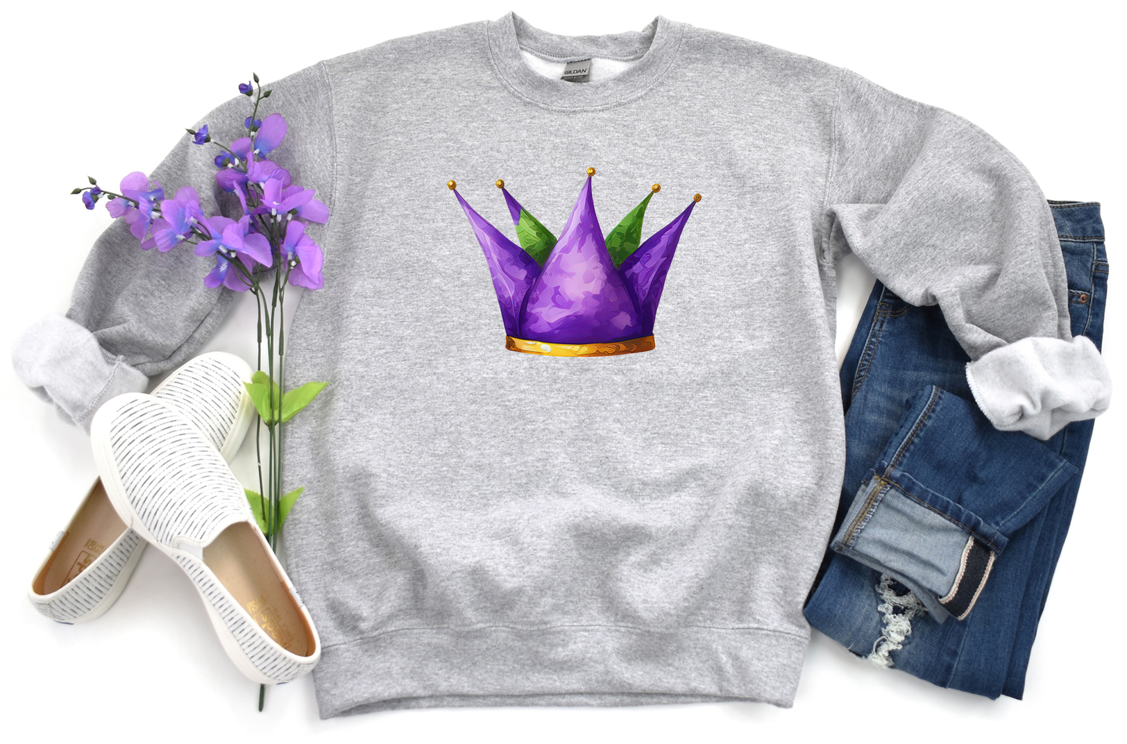 Mardi Gras Watercolor Jester Hat - Fleece Crew Sweatshirt