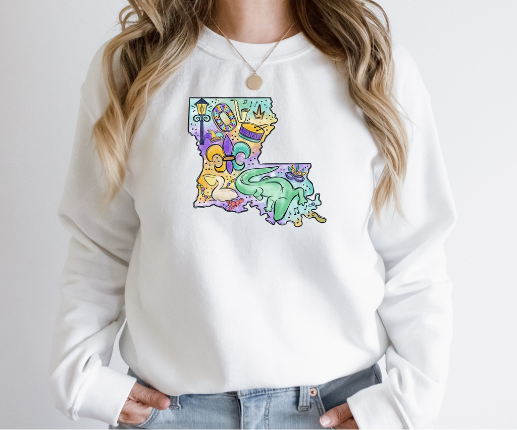 Mardi Gras Watercolor Louisiana - Fleece Crew Sweatshirt