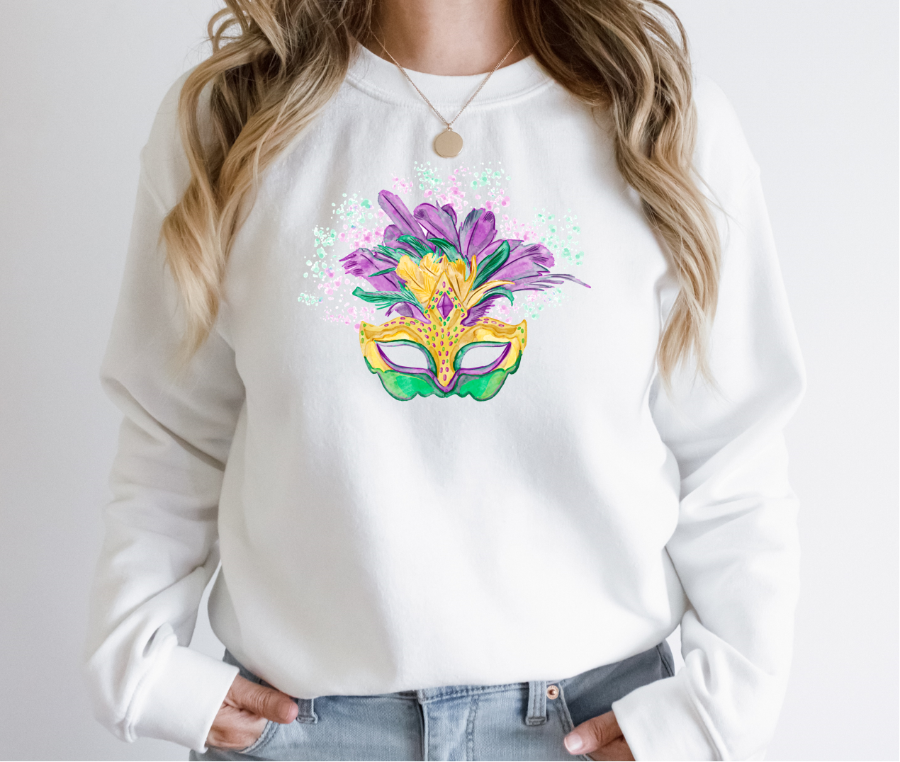 Mardi Gras Watercolor Mask - Fleece Crew Sweatshirt