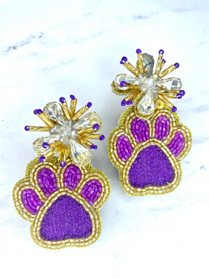 Purple & Gold Paw Beaded Earrings