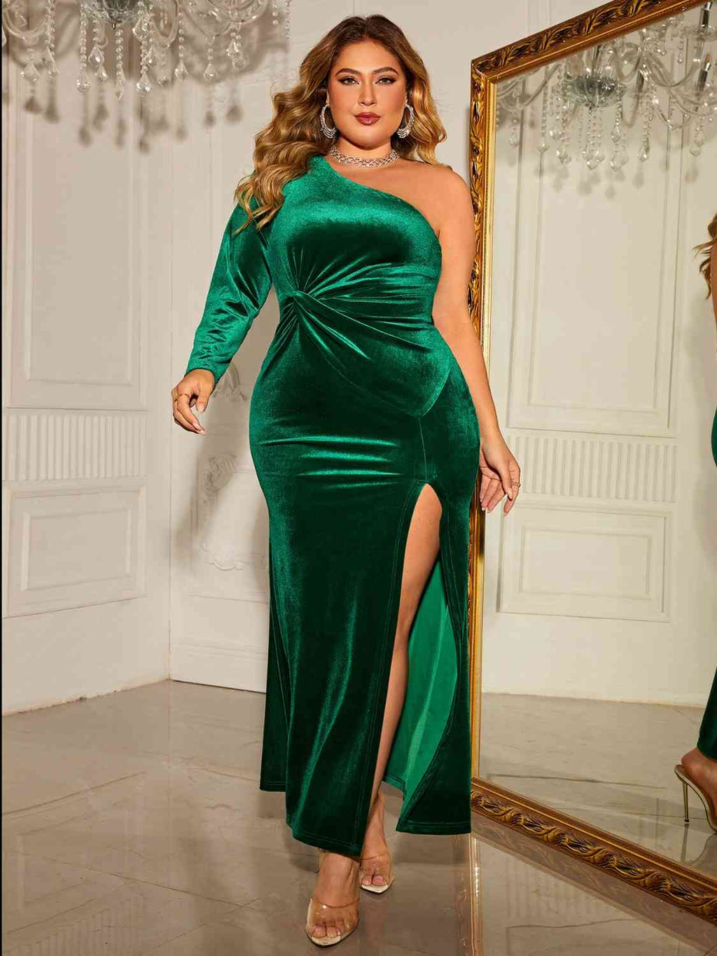 Curvy One-Shoulder Twisted Split Dress