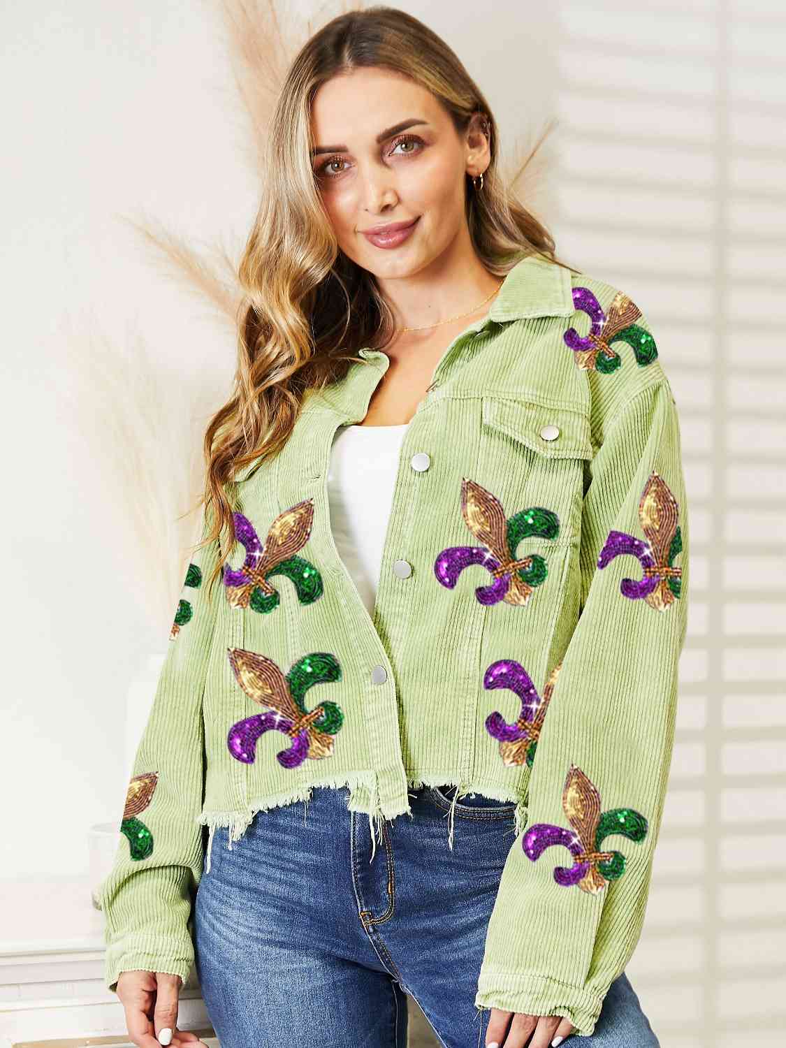 Mardi Gras jeans jacket /Fleur De Lis jeans jacket/ Rhinestone Fringe –  Sheissarashop