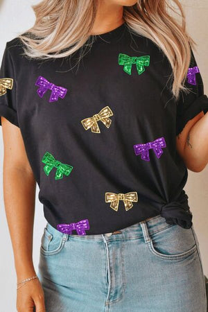 Bow Print Sequin Round Neck Short Sleeve T-Shirt