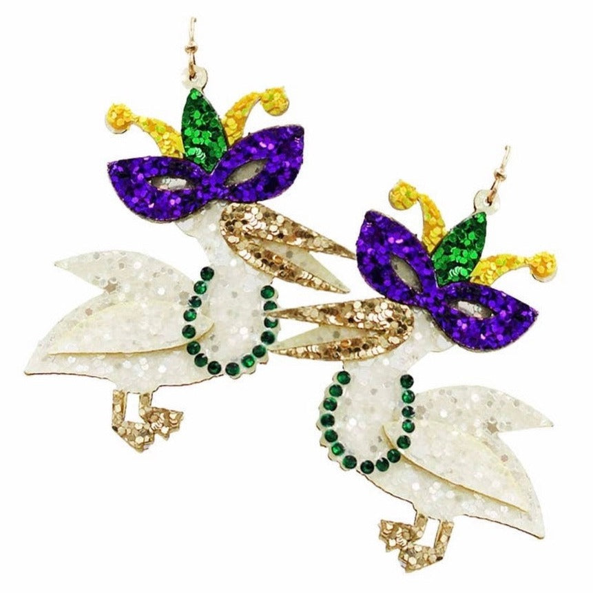 Mardi Gras Glittered Pelican Earring