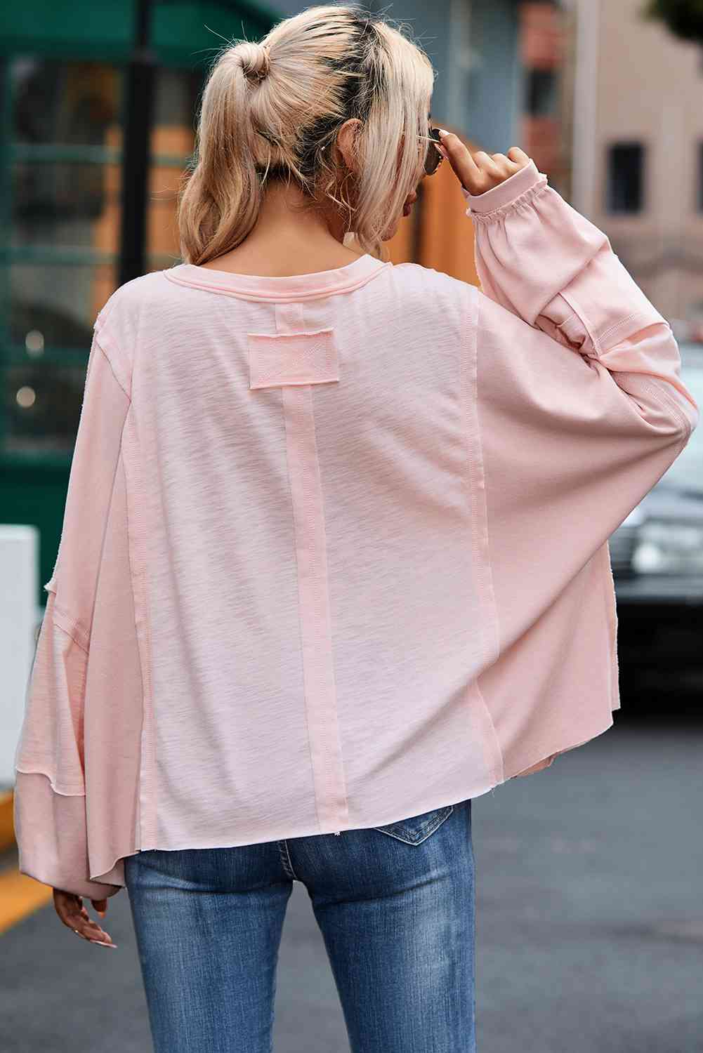 Exposed Seam Round Neck Top with Pocket