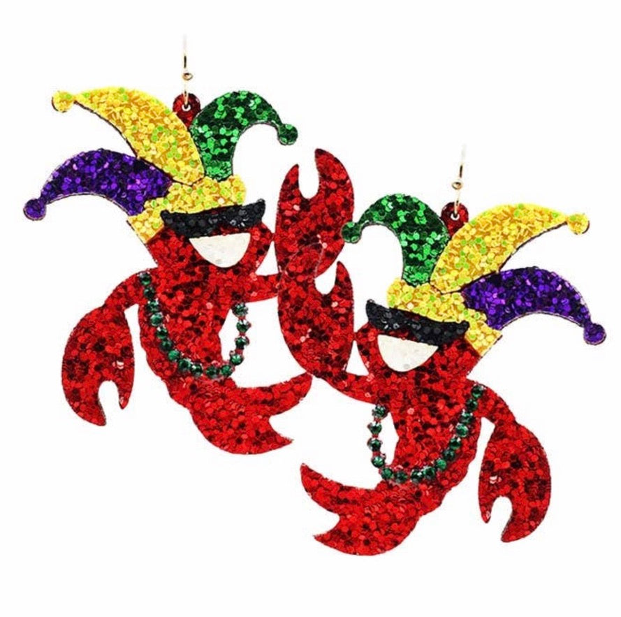 Mardi Gras Glittered Crawfish Earring