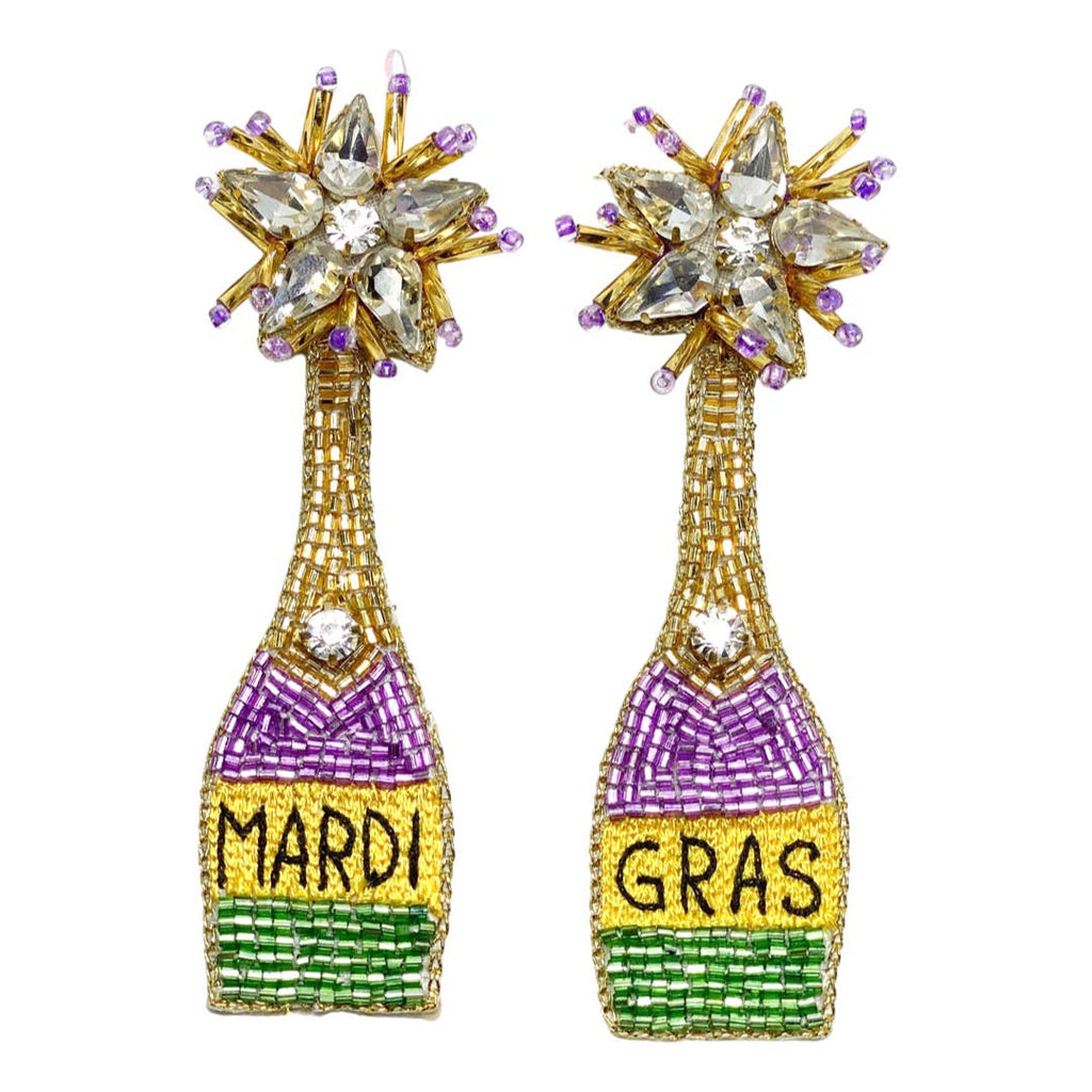 Mardi Gras Champagne Bottle Seed Bead Earrings