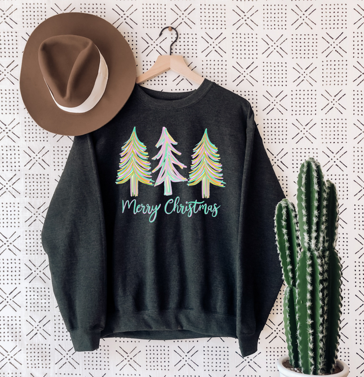Merry Christmas Pastel Trees - Fleece Crew Sweatshirt