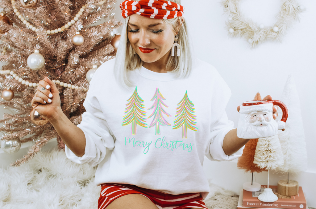 Merry Christmas Pastel Trees - Fleece Crew Sweatshirt