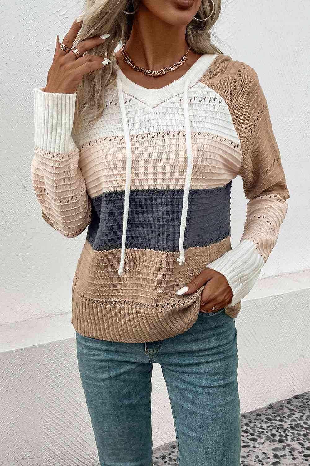 Color Block Drawstring Hooded Sweater