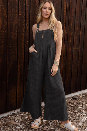 Texture Buttoned Wide Leg Overalls