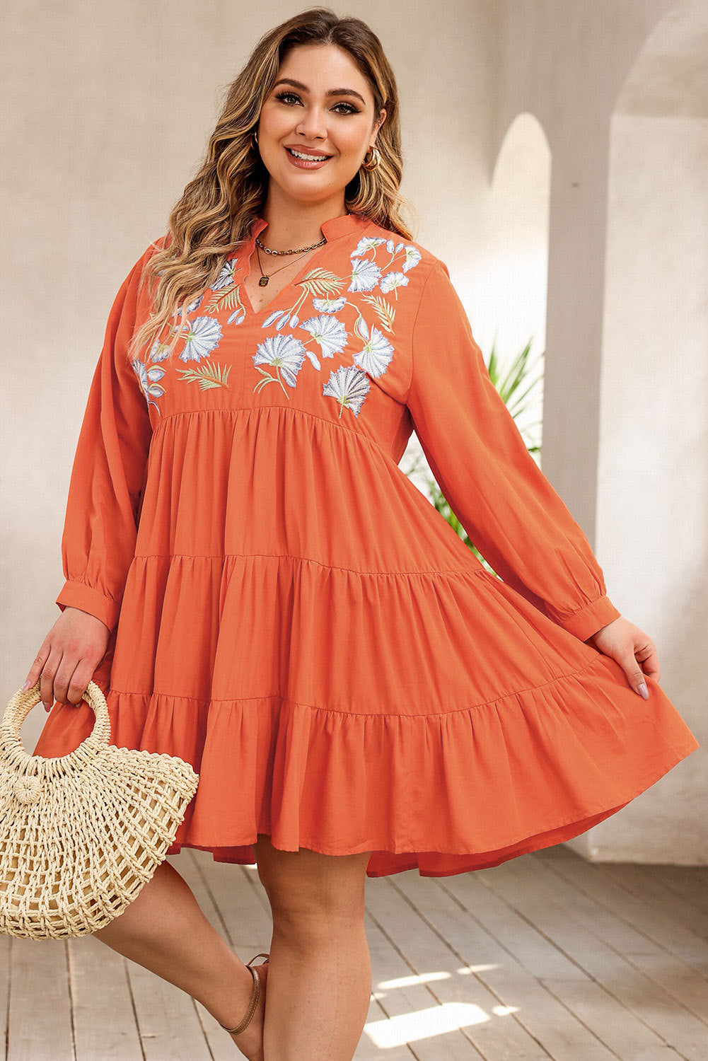 Curvy Orange Leaf Tiered Dress
