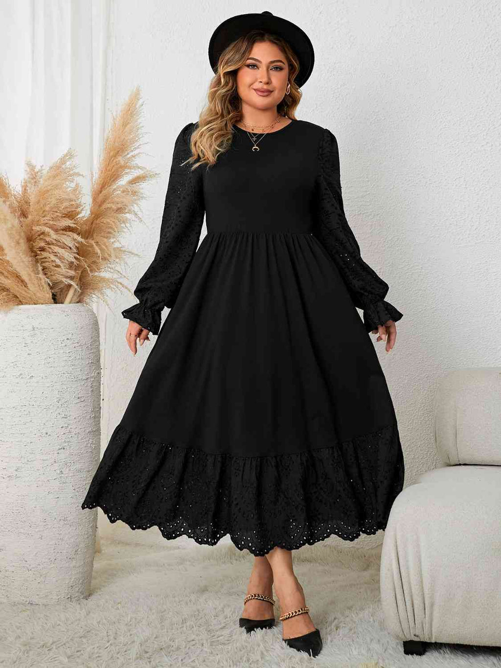 Curvy Flounce Sleeve Lace Detail Dress