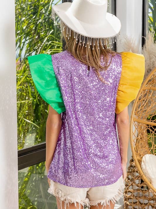 Mardi Gras Color Block Sequin top